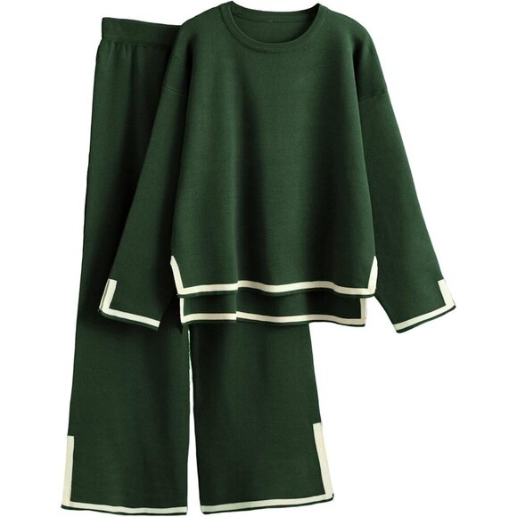 Women's Army Green Long Sleeve Knit Sweater Top & Wide Leg Pants Lounge Set